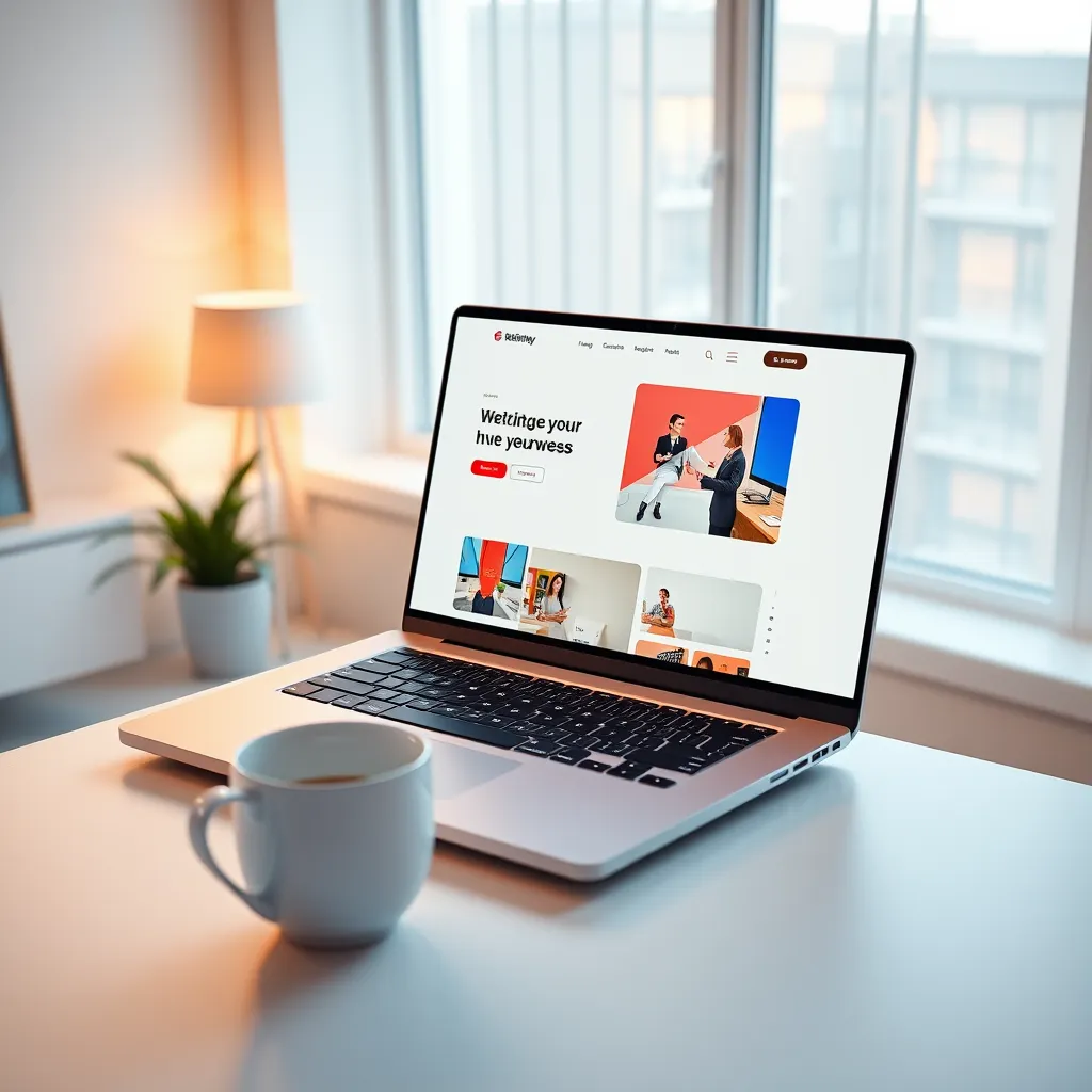 A photorealistic image of a modern, minimalist website design being created on a sleek laptop screen. The screen displays a website with clean typography, a vibrant color palette, and engaging visuals. The scene is set in a well-lit, contemporary office with natural light streaming in from a window. The laptop is positioned on a minimalist desk with a cup of coffee and a plant for a touch of life. The image should be captured from a high angle, emphasizing the clean lines and professional look of the workspace. The image should have a warm and inviting color palette with soft, diffused lighting. The overall mood should be one of professionalism, creativity, and efficiency. The image should be in 8K resolution and hyperrealistic, with attention to detail in the textures and materials of the objects in the scene. Style reference:  in the style of a high-end technology advertisement.
