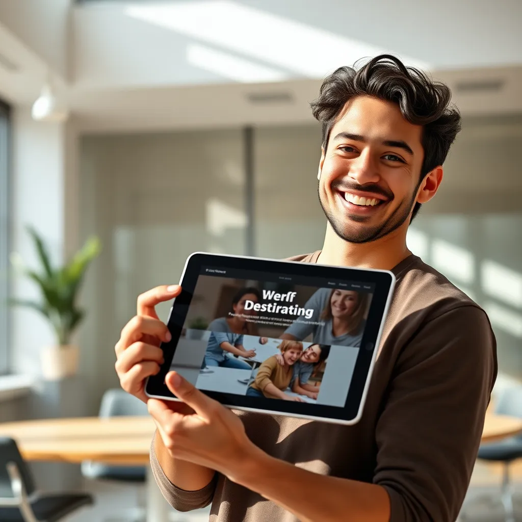 A photorealistic image of a person smiling and holding a tablet, showcasing a beautiful website design on the screen. The background is a modern, minimalist office with natural light streaming in. The tablet should be tilted towards the viewer, emphasizing the website design.