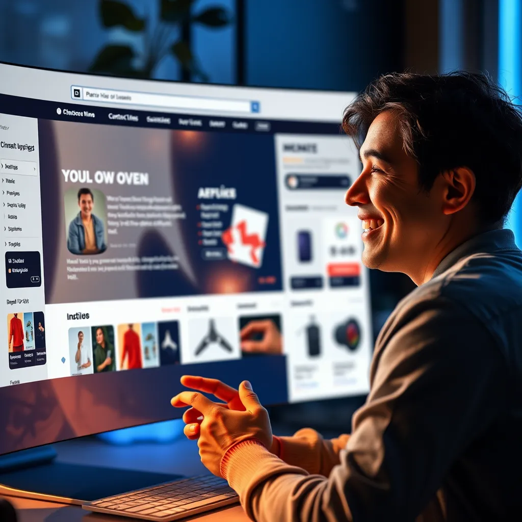 A single user interacting with a website that dynamically adapts to their preferences. The website shows customized content, product recommendations, and a layout optimized for their unique interests. The user is smiling, indicating a positive and personalized experience.