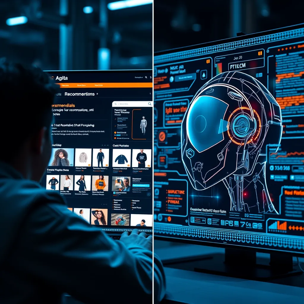 A split screen. On one side, a user browsing a website with personalized product recommendations. On the other side, an AI interface analyzing user data and generating recommendations. The image should have a futuristic, tech-driven aesthetic.