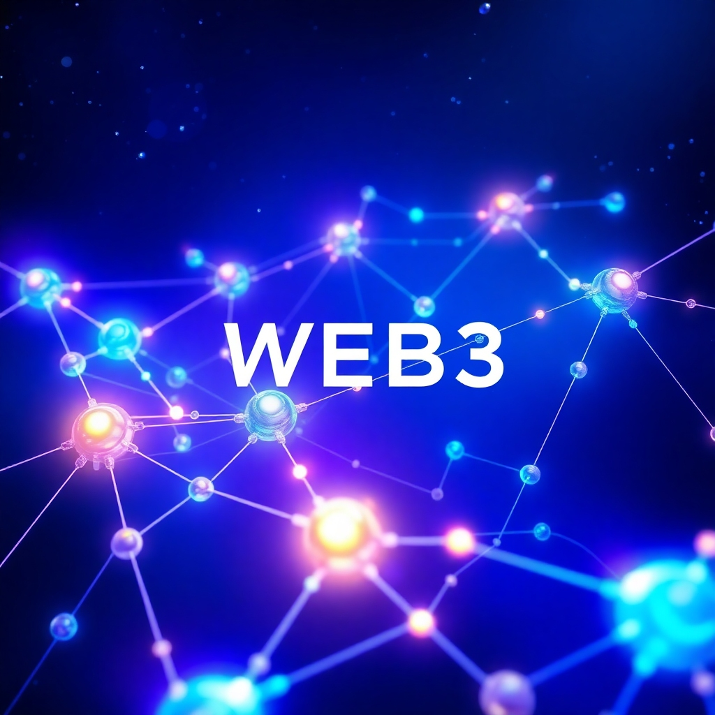 A stylized image depicting a network of interconnected nodes representing the WEB3 ecosystem. The nodes are glowing and pulsating with energy, symbolizing the flow of information and value. AI circuits are woven throughout the network, enhancing its efficiency and intelligence. The background is a deep blue space with stars, representing the vast potential of the WEB3 universe. Lighting is dynamic and vibrant, creating a sense of excitement and opportunity. Dominant colors are blue, purple, and gold. Camera angle is a wide shot, capturing the entire network and its interconnectedness. Texture details are smooth and polished, giving the image a futuristic and sophisticated look. Style reference: Incorporate elements of abstract art and technology aesthetics. The overall image conveys a sense of innovation and opportunity.
