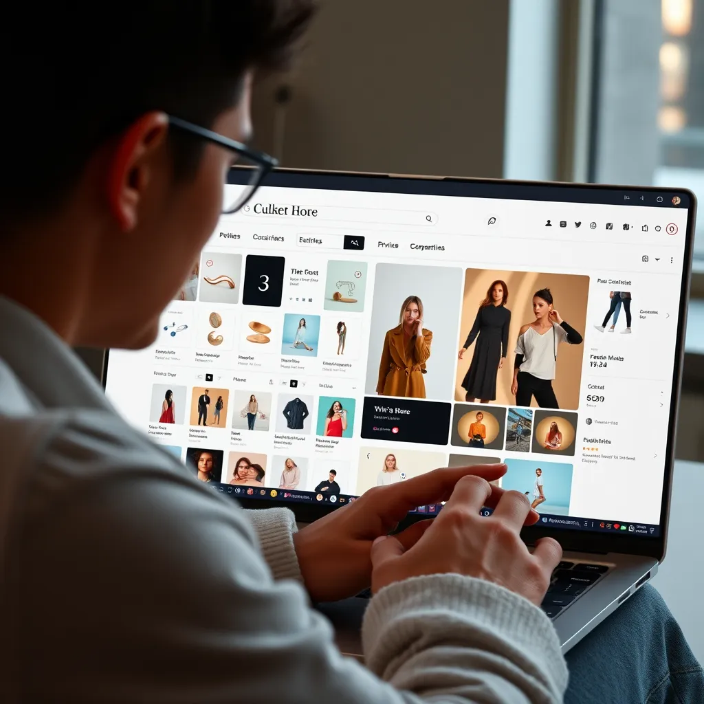 A user is browsing a website with a personalized experience. The layout adjusts dynamically to their preferences. Show a variety of elements, such as product recommendations, curated content, and interactive elements, all changing in real-time to match the user's profile. The image should have a clean, modern aesthetic and emphasize the user's personalized experience.