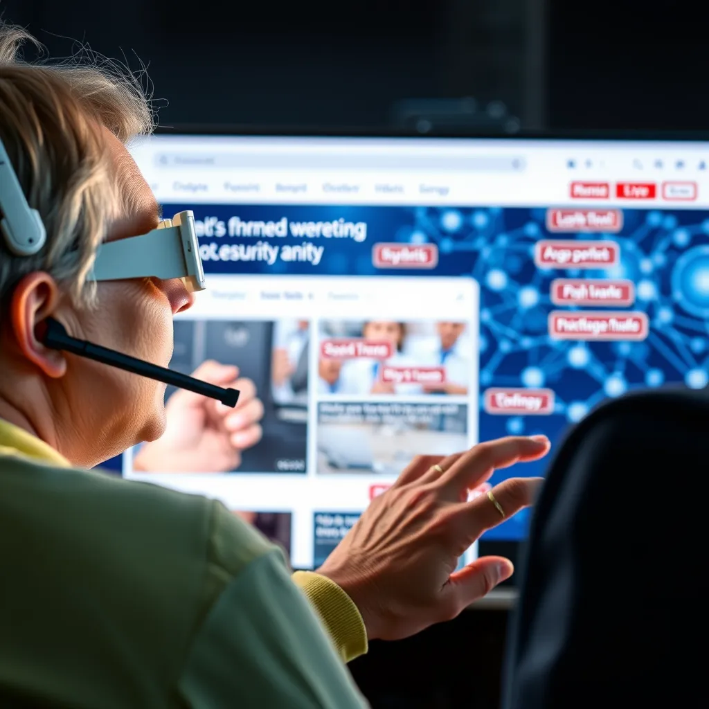 A visually impaired person using a screen reader to navigate a website designed with accessibility in mind. The website elements are clearly labeled and organized, making it easy to access for everyone. The background shows a representation of AI algorithms ensuring website accessibility.