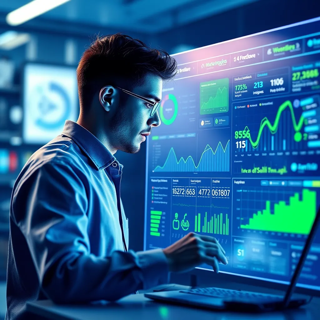 A visually striking image depicting an AI-powered website optimization tool. The image should showcase a user interacting with a user-friendly interface, analyzing data and insights on their website's performance. Data visualization elements, such as graphs and charts, should be prominent, highlighting the AI's ability to identify areas for improvement. The color scheme should be blue and green, evoking a sense of trust and efficiency. The lighting should be bright and focused, highlighting the key elements of the interface and the user's interaction. Render in high resolution, focusing on details like the textures of the interface, the glow of the screen, and the user's interaction with the tool. Capture a sense of progress and improvement, showcasing the AI's power to streamline website optimization.
