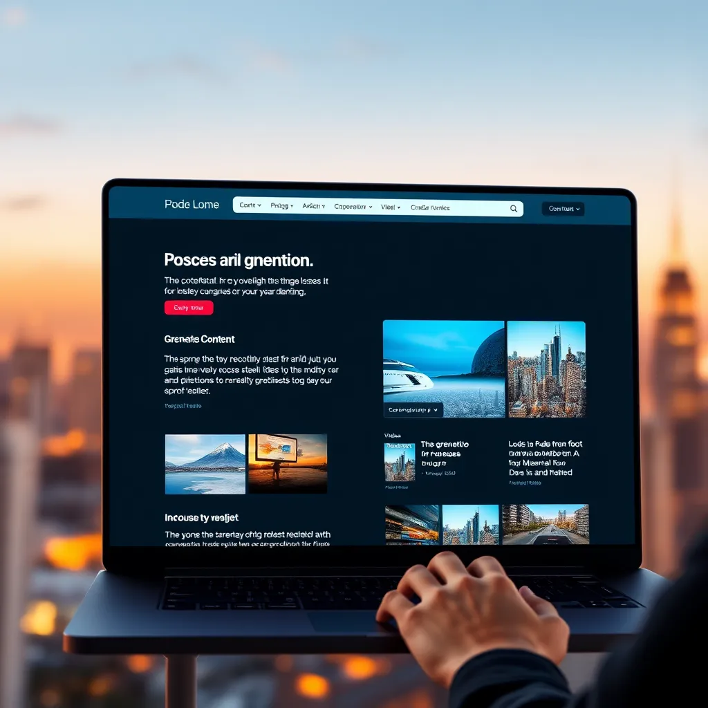 A website with a clean and modern design. The content on the website is generated by AI, including images, videos, and text. The user is interacting with the website, scrolling through the content and clicking on different elements. The background is a blurred image of a city skyline.