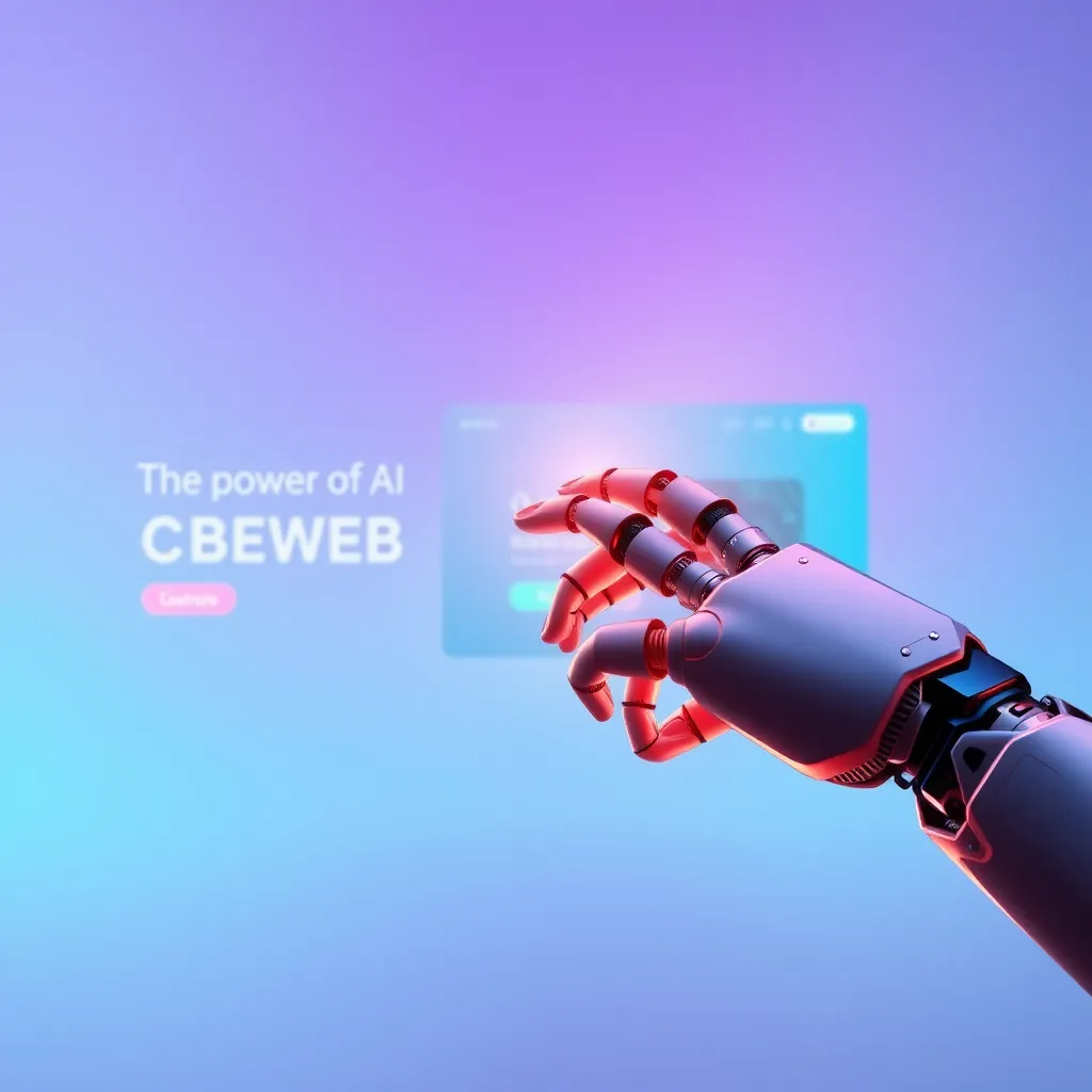 Create a photorealistic, ultra-high quality header image for CBEWEB, focusing on the power of AI in web design. The image should depict a modern, sleek website interface with a clean, minimal design. The background should be a soft gradient of blue and purple, symbolizing innovation and creativity. The website interface should be prominently displayed, with elements like a website builder, code editor, and design tools. In the foreground, there should be a futuristic-looking AI robot hand interacting with the website interface, symbolizing the power and ease of AI-driven design. The lighting should be warm and inviting, highlighting the sleek design of the website and the robot hand. Emphasize the sleek, metallic texture of the AI robot hand. The image should have an 8K resolution, hyperrealistic style, and convey a sense of futuristic sophistication and user-friendliness., ultra high resolution, photorealistic, 8K, hyperdetailed, cinematic lighting