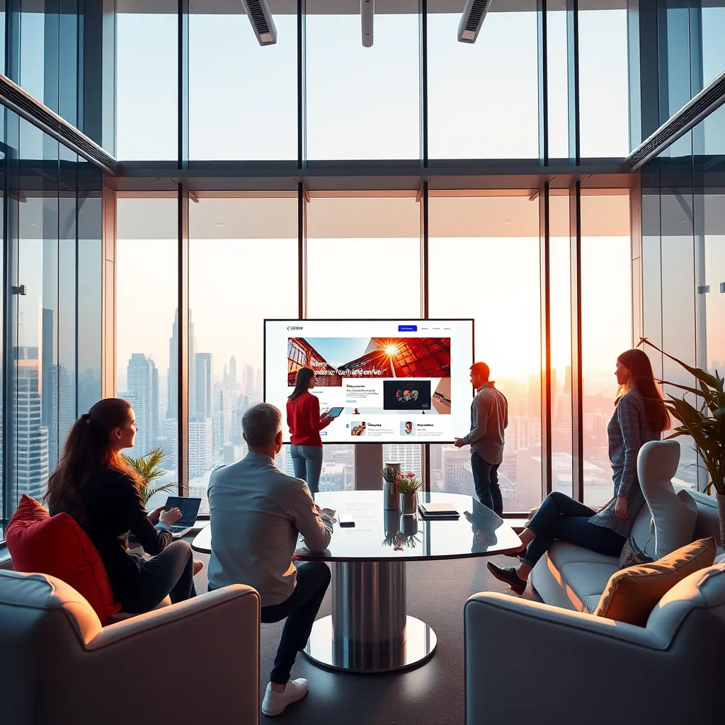 Generate a photorealistic, ultra-high quality header image for a web design business named CBEWEB. The image should depict a modern, sleek office space with a team of diverse individuals working collaboratively on a large screen displaying a website design. The lighting should be natural and bright, with large windows showcasing a cityscape backdrop. The color palette should be vibrant and energetic, reflecting the dynamism of the web design process. The camera angle should be slightly elevated, capturing the team and their workspace from a dynamic perspective. The image should feature a mix of textures, including smooth glass surfaces, polished metal accents, and plush seating. The environment should be visually appealing and professional, emphasizing the creative and collaborative atmosphere of CBEWEB. The image should have a futuristic and innovative feel, referencing the use of AI technology in web design. The final image should be rendered in 8K resolution with hyperrealistic details., ultra high resolution, photorealistic, 8K, hyperdetailed, cinematic lighting