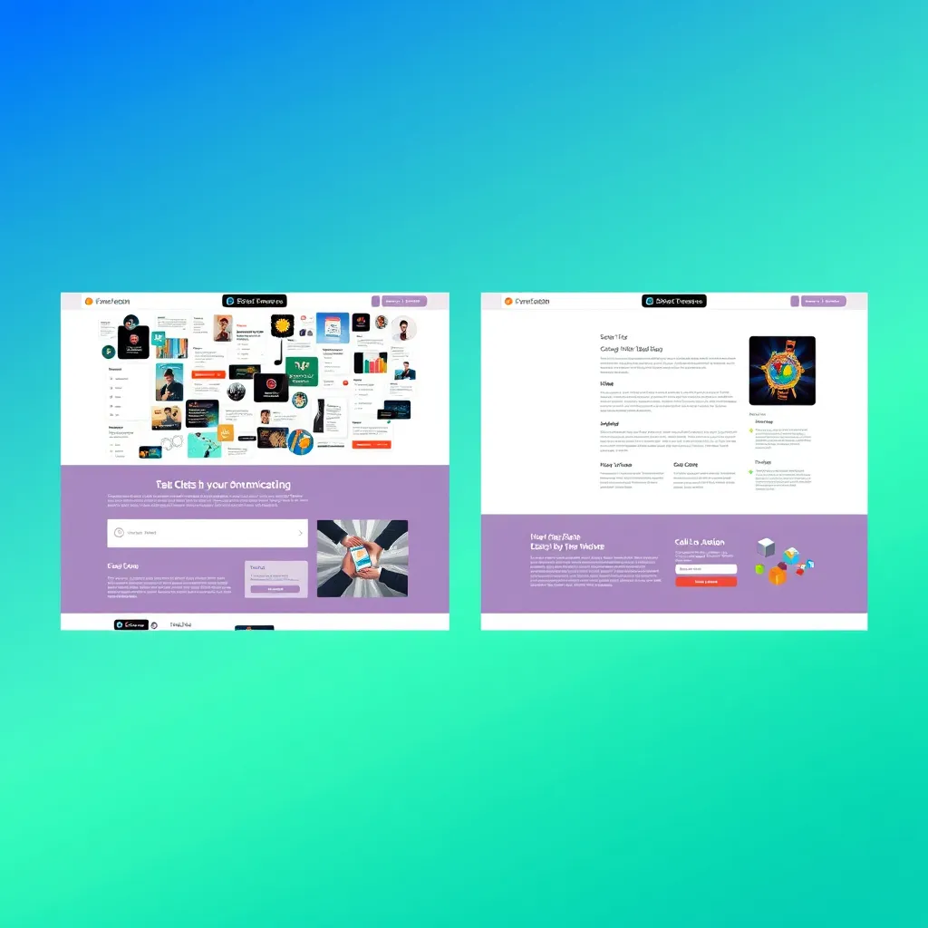 Two versions of the same website. The first version has a cluttered layout and is difficult to read. The second version has a clean and organized layout, with easy-to-read text and clear calls to action. The background is a gradient with shades of blue and green.