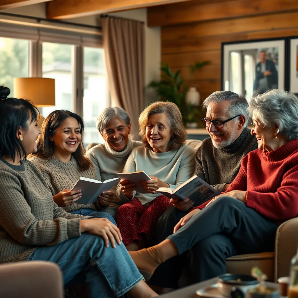 A diverse group of people, young and old, from different backgrounds, are sitting together, sharing stories and laughing. The setting is a cozy living room with warm lighting and comfortable furniture. The scene evokes a sense of connection and shared experiences.