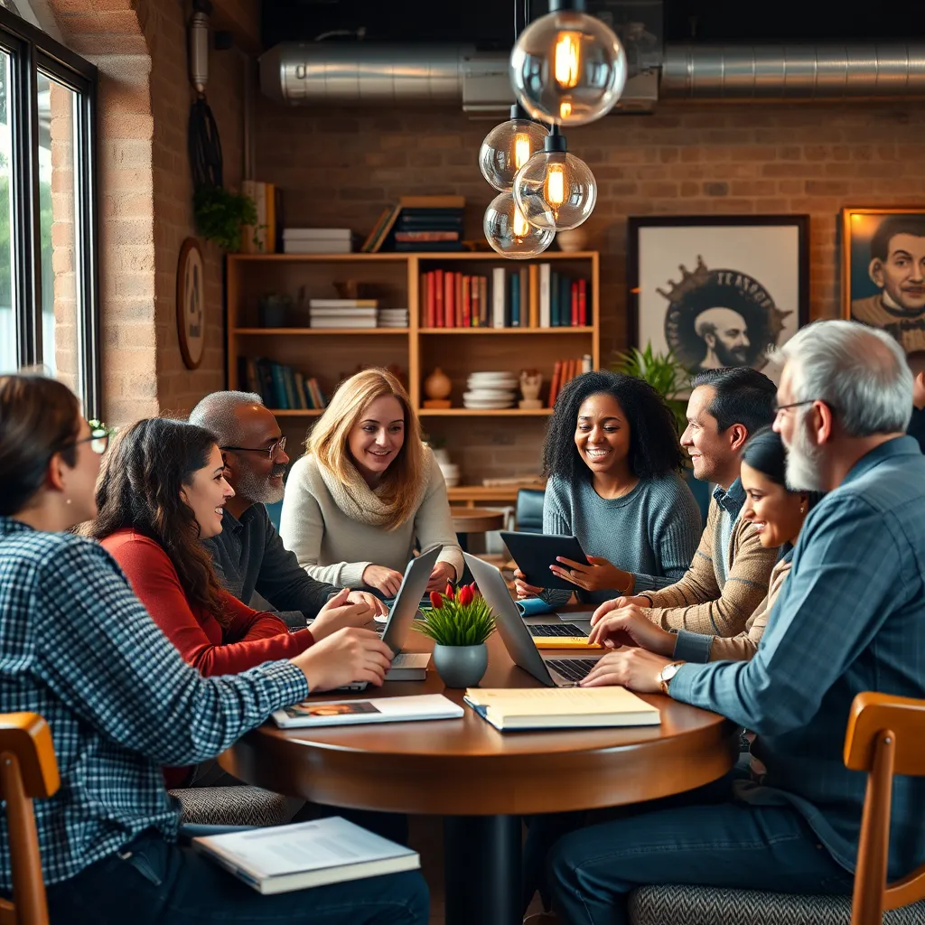 A diverse group of people having a lively discussion in a cozy cafe, with laptops and books scattered around. The image should convey a sense of warmth, connection, and shared purpose, representing a supportive community.