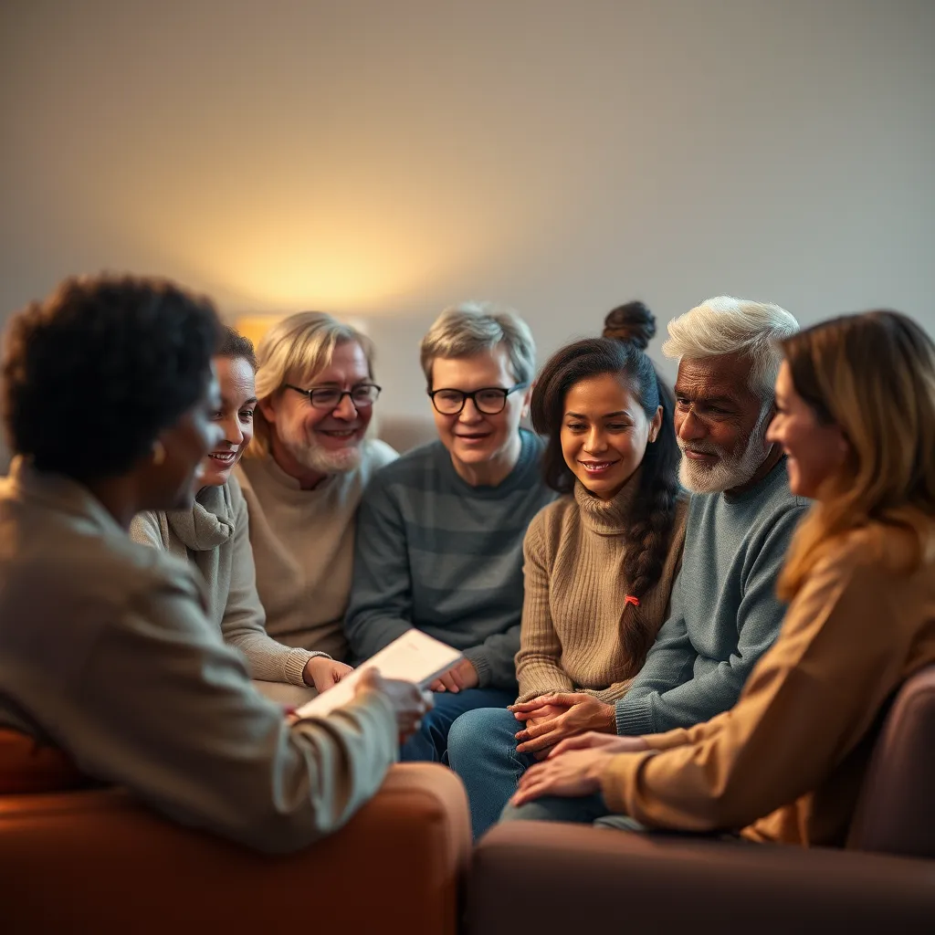 A diverse group of people sitting in a circle, sharing stories and listening attentively. The setting is warm and inviting, with soft lighting and comfortable furniture. Each person has a unique expression on their face, reflecting their individual experiences and emotions. The background should be blurred to focus attention on the group. The image should evoke a sense of community, connection, and shared humanity.