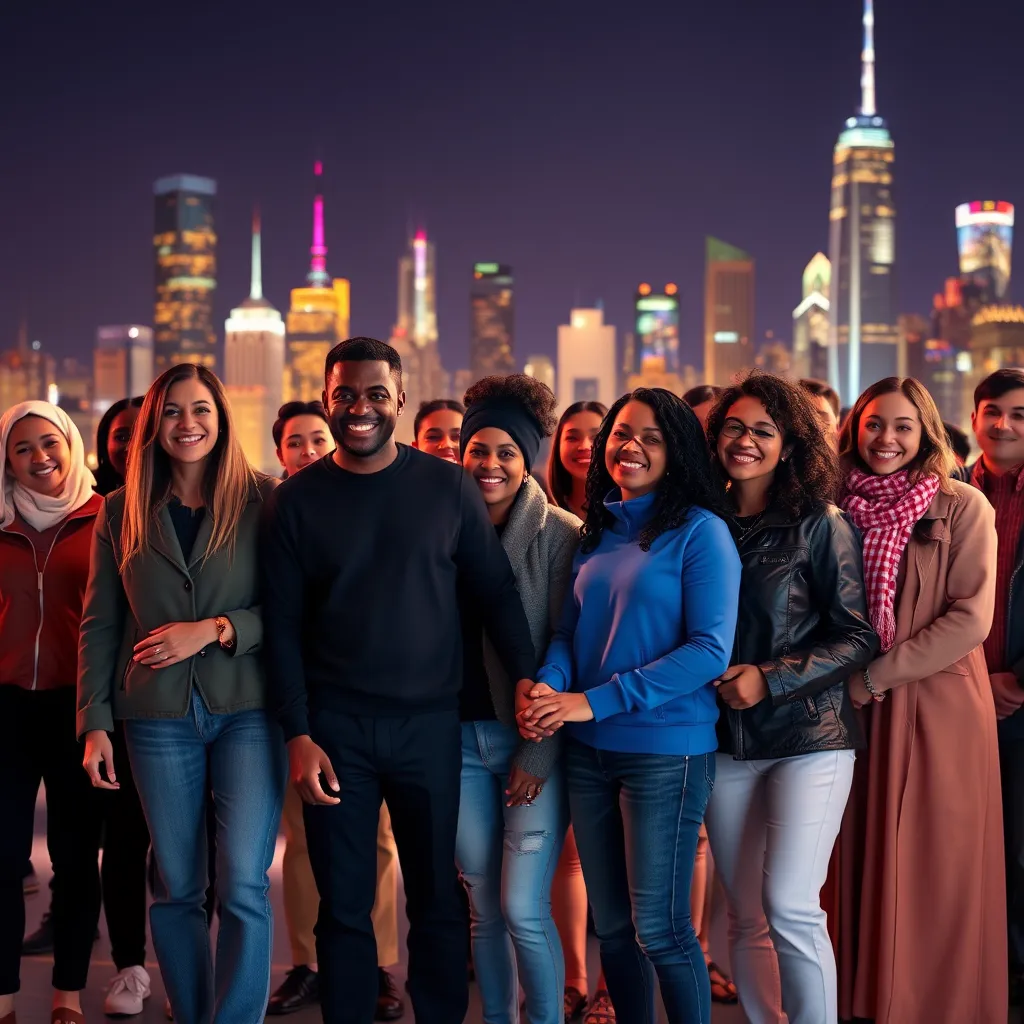 A diverse group of people standing together, smiling and holding hands, with a background of a vibrant city skyline. The image should convey a sense of hope, connection, and shared experiences.
