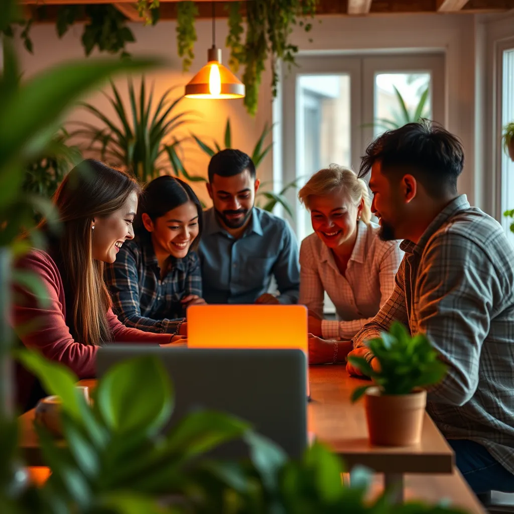 A group of people are gathered around a table, engaged in a lively discussion, their faces lit by the warm glow of a laptop screen. The room is filled with plants and vibrant colors, creating a welcoming and inviting atmosphere.