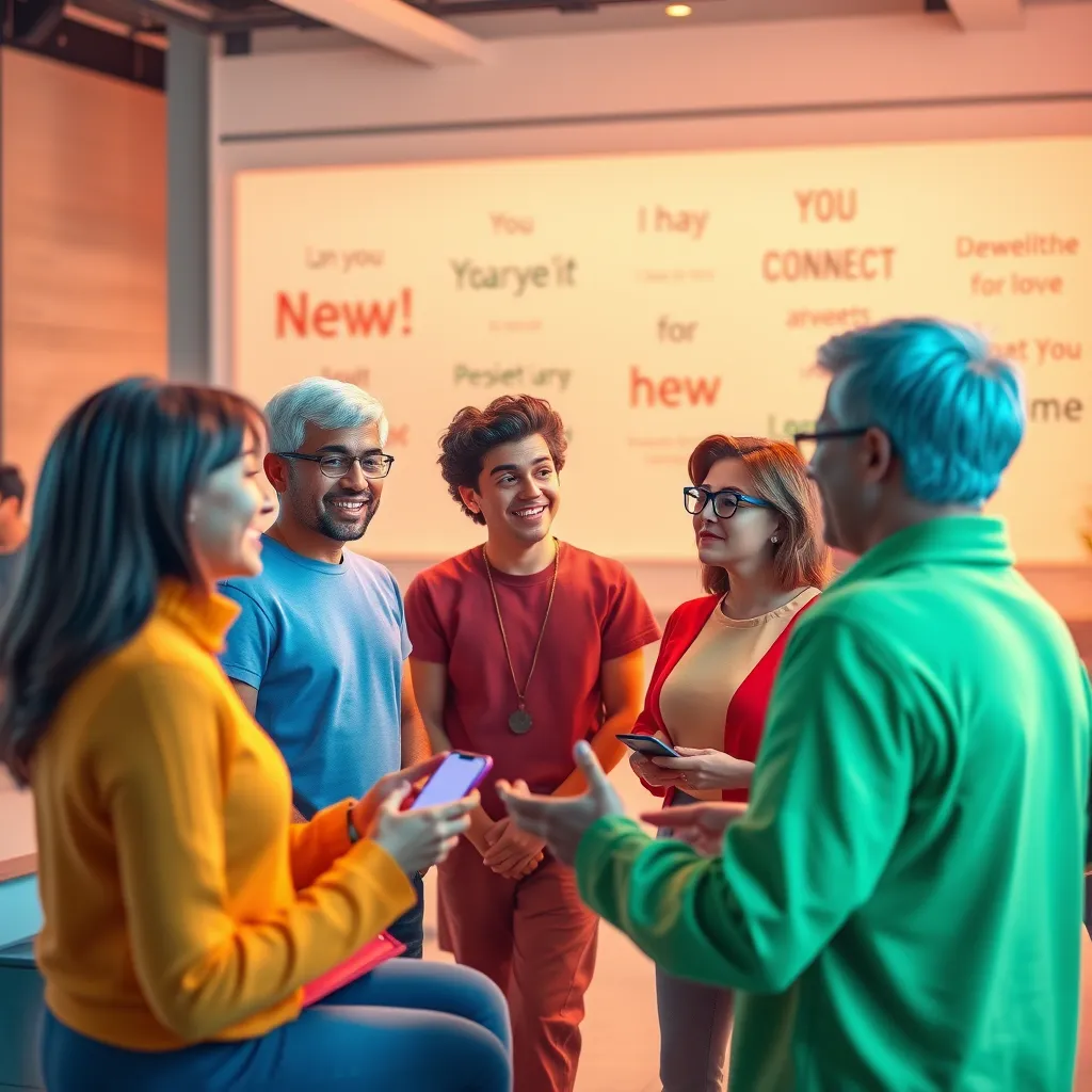 A group of people of various ages and backgrounds are gathered in a virtual space, interacting and sharing ideas. They are represented by bright, colorful avatars that reflect their personalities and interests. The background is a digital representation of a warm and inviting space, filled with positive energy and encouraging messages.