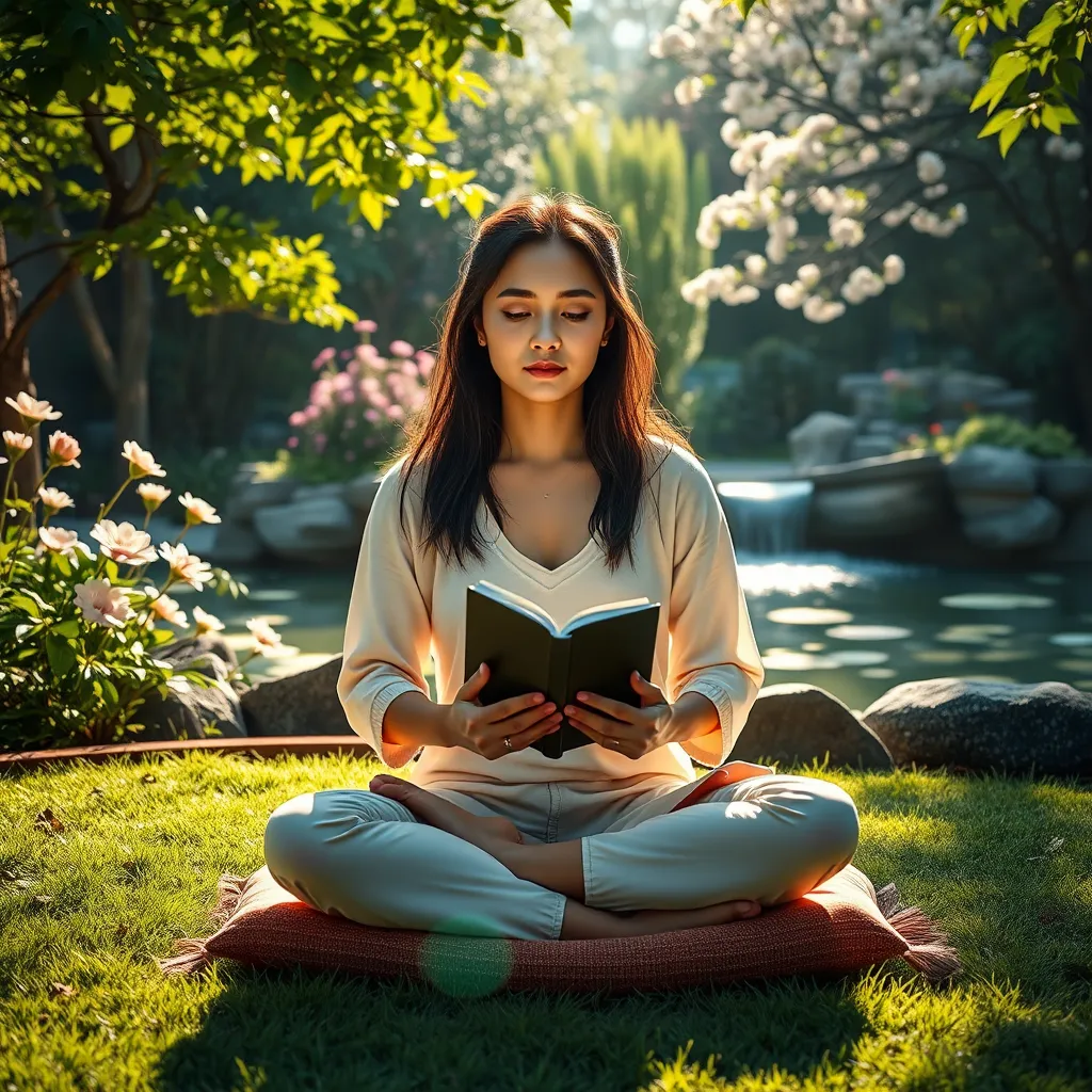 A person is sitting on a meditation cushion in a tranquil garden setting, sunlight filtering through the leaves. They have a calm and focused expression, holding a journal in their hands. In the background are blooming flowers and a serene pond with a small waterfall.