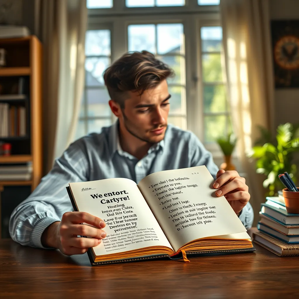 A person sitting at a desk, focused on a notebook with inspiring quotes and self-improvement ideas. The image should feature a warm and inviting atmosphere with natural light, representing a space for reflection and learning.