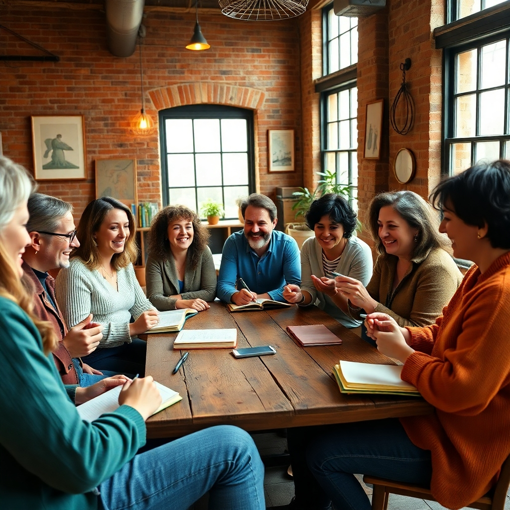 A photorealistic, 8K resolution image depicting a lively storytelling workshop.  The scene is set in a warmly lit, rustic-chic loft space with exposed brick walls and large windows letting in soft, diffused natural light.  The color palette is warm and inviting, with earthy tones of terracotta, beige, and cream accented by pops of deep teal and forest green.  The composition features a diverse group of 8-10 adults, aged 25-55,  seated in a circle, actively engaged in a storytelling session, expressions of enthusiasm and participation evident on their faces.  Some are writing in notebooks, others are gesturing animatedly, one person is sharing a personal anecdote.  The camera angle is slightly elevated, offering an inclusive perspective of the group.  Materials like vintage notebooks, pens, and a rustic wooden table are visible. The overall mood is energetic, positive, and collaborative. The style references Annie Leibovitz's candid and intimate portraiture.  Textures should be richly detailed: the worn wood of the table, the soft fabric of clothing, the slightly rough texture of the paper. The image should convey a sense of warmth, community, and creative inspiration.  Details of the room, such as art on the walls and potted plants, add character.  The image should be ultra-detailed and hyperrealistic, emphasizing natural light and authentic textures.
