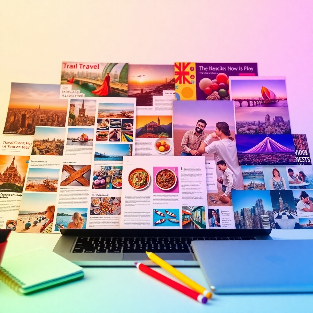 A photorealistic, hyperrealistic image in 8K resolution showcasing a vibrant collage of curated content. The composition is a visually appealing arrangement of images and text snippets representing various niches like travel, cooking, art, and technology. The image includes elements of a travel journal, cookbook pages, art prints, and technology screenshots. The color palette is diverse and rich, reflecting the various niches. The mood is energetic and inspiring. The lighting is even and bright, ensuring all elements are clearly visible.  The camera angle is a close-up view, highlighting the details of each element. The textures should be rich and varied, reflecting different materials – paper, fabric, digital screens.  The style references a blend of modern graphic design and magazine layouts, with an emphasis on clean lines and visually engaging elements.  The image should appear as a carefully curated magazine spread or online gallery, evoking a sense of sophisticated visual appeal and high-quality content.  Background elements suggest a clean, modern workspace or studio environment.  Props such as a laptop, a notebook, and colorful pens add to the composition.
