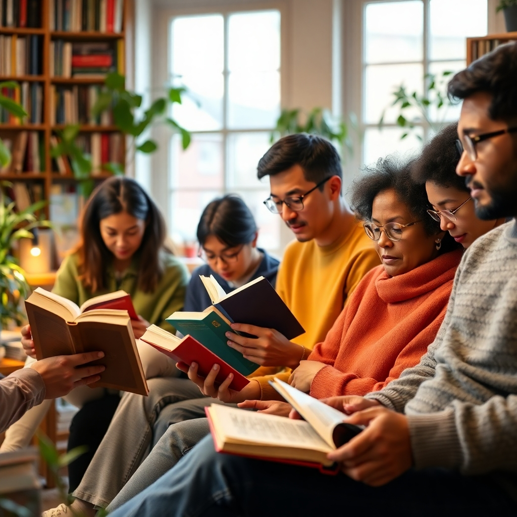 A photorealistic image depicting a diverse group of people from different age groups, ethnicities, and backgrounds, each engrossed in their own books or digital devices, all sitting together in a comfortable, well-lit room filled with books and plants. The overall mood should be peaceful and inclusive. High resolution, detailed, vibrant colors, cinematic lighting