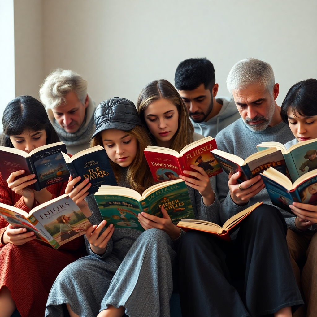 A photorealistic image depicting a diverse group of people of different ages, ethnicities and backgrounds sitting together, deeply engaged in reading books and digital devices, each featuring a unique story or visual style. Soft lighting, warm color tones. High detail, cinematic quality