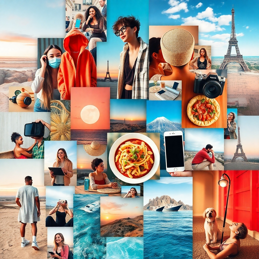 A photorealistic image depicting a collage of various lifestyle and creative content pieces.  The collage should seamlessly blend images of fashion, technology, food, art, and travel.  The style should be visually appealing, modern, and showcase a variety of textures and colors.  The overall image should feel vibrant, dynamic, and inspiring, conveying a sense of exploration and discovery.
