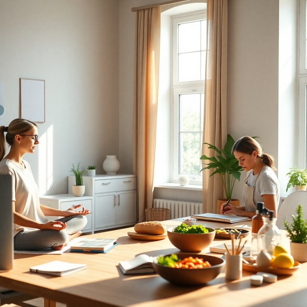 A photorealistic image of a bright and airy workspace with a person meditating, another journaling, and another cooking a healthy meal.  Sunlight streams in through a large window.  Minimalist decor, focus on clean lines and natural elements. High detail, vibrant colors