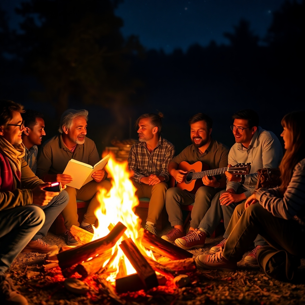 A photorealistic image of a diverse group of people sitting around a campfire, sharing stories.  The scene is set at night, with warm lighting from the fire illuminating their faces. Each person has a unique appearance and clothing style; one person is holding a book, another a guitar, and others are engaged in animated conversation. The background should be a slightly blurred natural landscape with trees and stars.