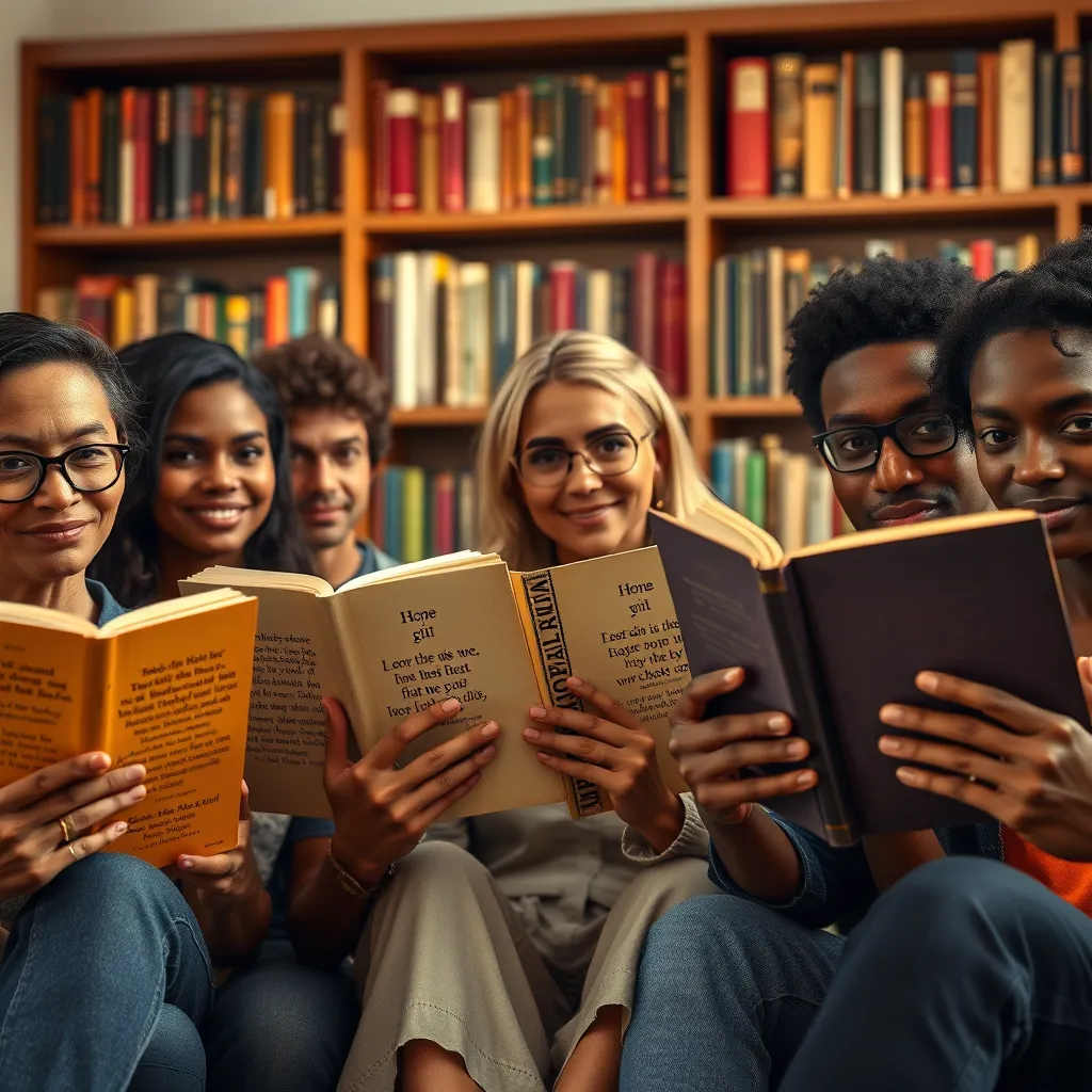 A photorealistic image of a diverse group of people, each holding a book with a different cover,  sitting in a warm, inviting library setting bathed in soft natural light. The books are open, revealing text with inspiring quotes about overcoming challenges and achieving personal growth.  The focus is on the people's faces,  showing a mix of hope, determination, and quiet reflection. The bookshelf in the background is filled with colorful, worn books, adding a touch of nostalgia and wisdom. Render in 8K resolution, with intricate details and realistic textures for the books, furniture, and clothing.