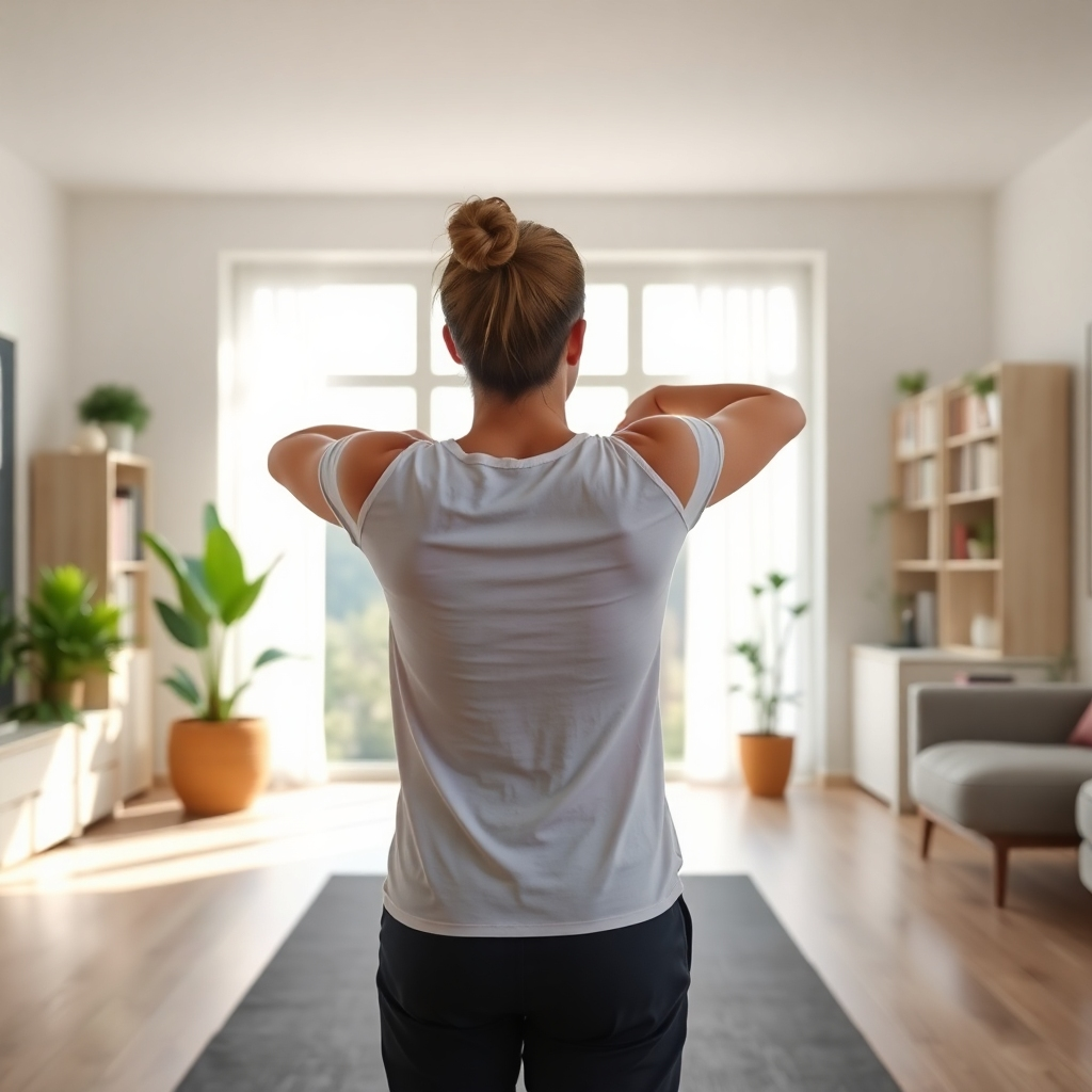A photorealistic image of a minimalist and bright living room, with a person practicing yoga in the foreground.  The background includes neatly organized bookshelves, potted plants, and natural light streaming through large windows. The overall feeling should be one of calmness, order, and well-being. The image should be clean, sharp, and convey a sense of effortless style.