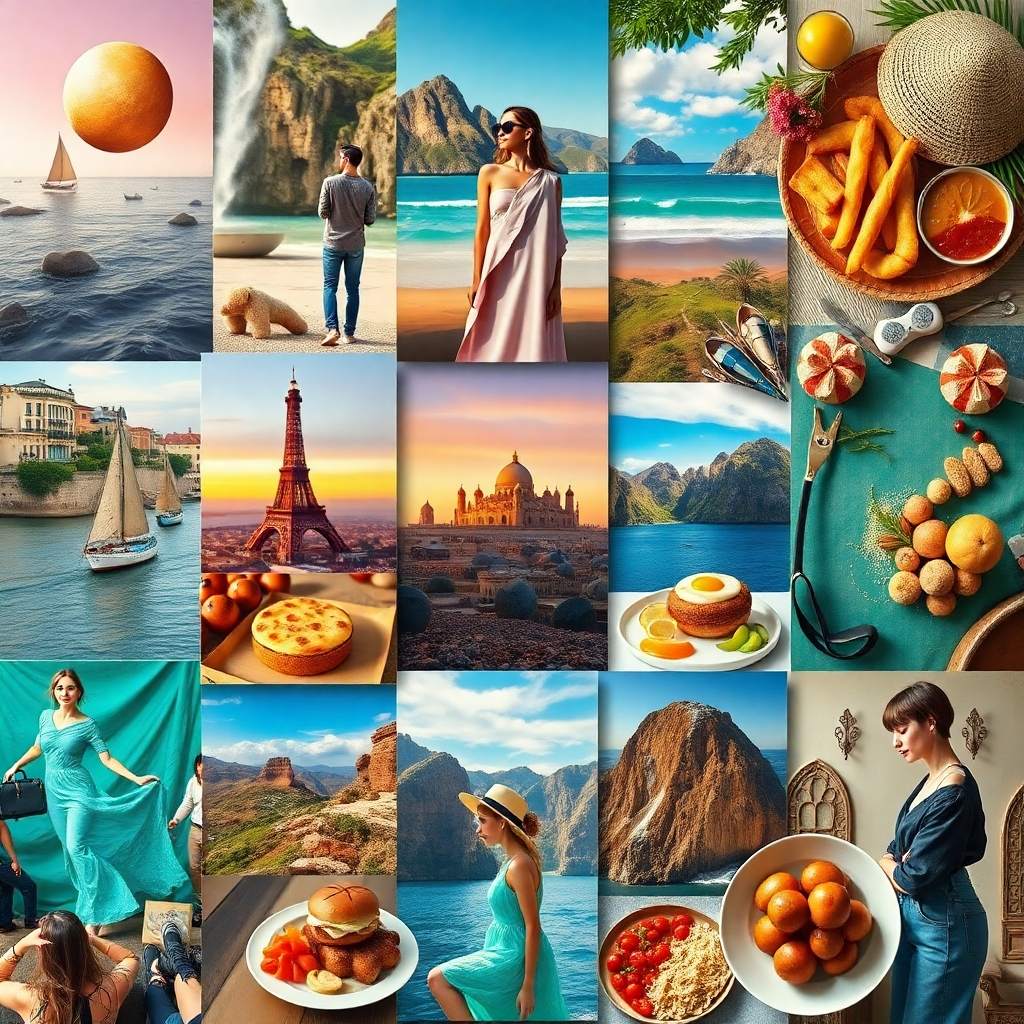 A photorealistic image showcasing a collage-like arrangement of high-quality images from various niches: vibrant travel scenery, stylish fashion items, delicious food, captivating artwork.  The images should feel curated and visually cohesive, creating a sense of elegance and inspiration. High detail, sharp focus
