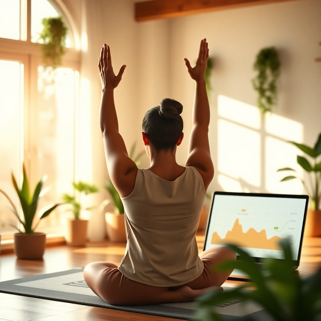 A photorealistic image showing a person practicing yoga in a sunlit room with plants, alongside a laptop displaying a healthy recipe and another displaying financial charts.  The image should convey a sense of balance and well-being. High resolution, detailed, warm color palette, shallow depth of field