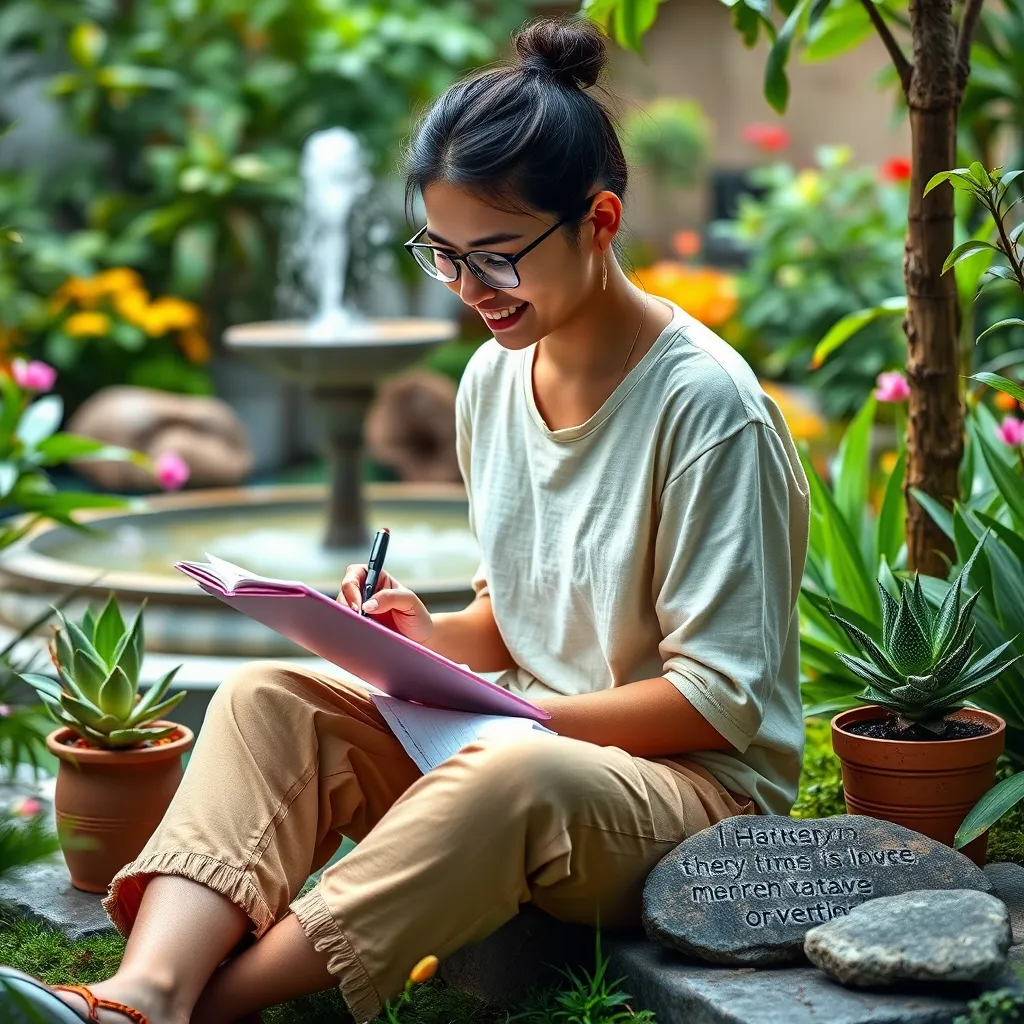 A vibrant and engaging image of a person, dressed in casual, comfortable attire,  sitting in a tranquil garden setting surrounded by lush greenery. They are holding a notebook and pen,  jotting down ideas and thoughts, with a calming fountain in the background. The scene is filled with elements of mindfulness and self-reflection,  like a meditation cushion,  a potted succulent,  and a motivational quote written on a stone.  Use a bright, cheerful color palette with soft, diffused lighting to convey a sense of peace and tranquility.