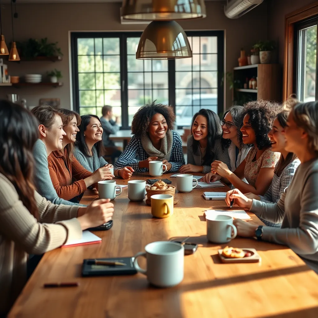 A warm and inviting image of a diverse group of people,  all smiles and laughter, gathered around a large, wooden table in a cozy coffee shop.  They are engaged in conversation, sharing stories, and supporting each other.  The table is laden with coffee mugs,  notebooks,  and baked goods, creating a sense of camaraderie and belonging.  Use a soft, warm color palette with natural lighting to convey a sense of comfort and connection. The scene should be filled with visual cues of community, like a shared laughter,  gentle touch, and a feeling of open communication.