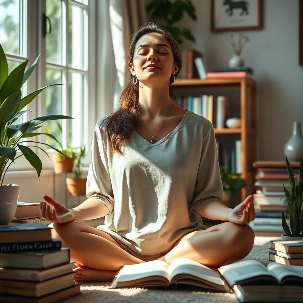 A woman sitting in a sunlit room, surrounded by books and plants. She is meditating with her eyes closed, her hands resting on her lap. The room is decorated in a calming and serene style, with natural light streaming through the window. The image should evoke a sense of peace, tranquility, and self-reflection.