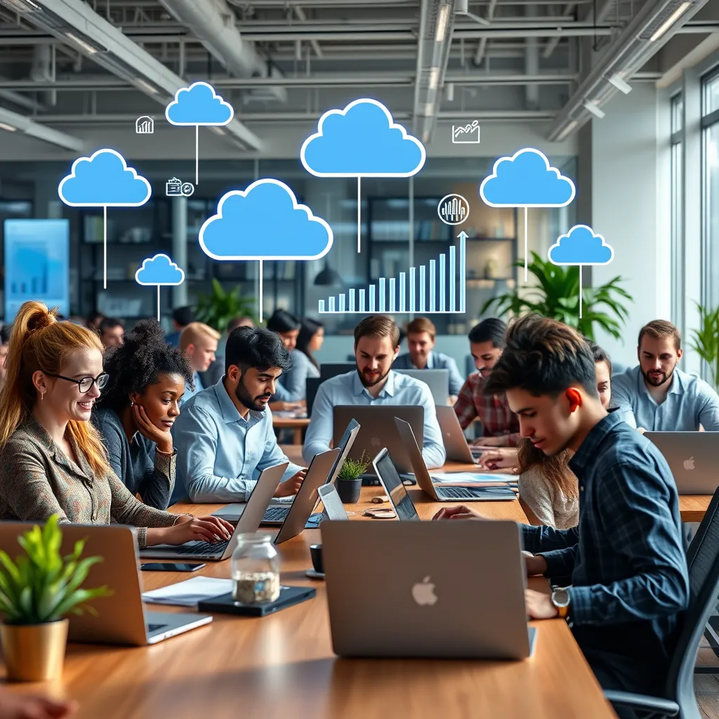 A modern office showing a diverse group of entrepreneurs working efficiently with laptops, surrounded by digital cloud icons and graphs indicating savings and resource management, with a bright and productive atmosphere.