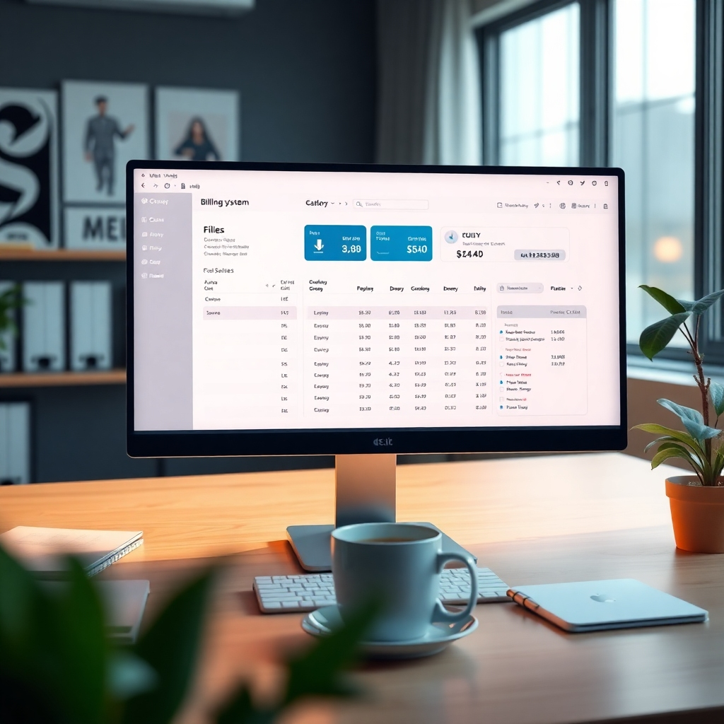 A modern office workspace showing a computer screen showcasing a cloud-based billing system, with organized files and a visually appealing user interface. Include a coffee cup and a plant for a cozy feel.