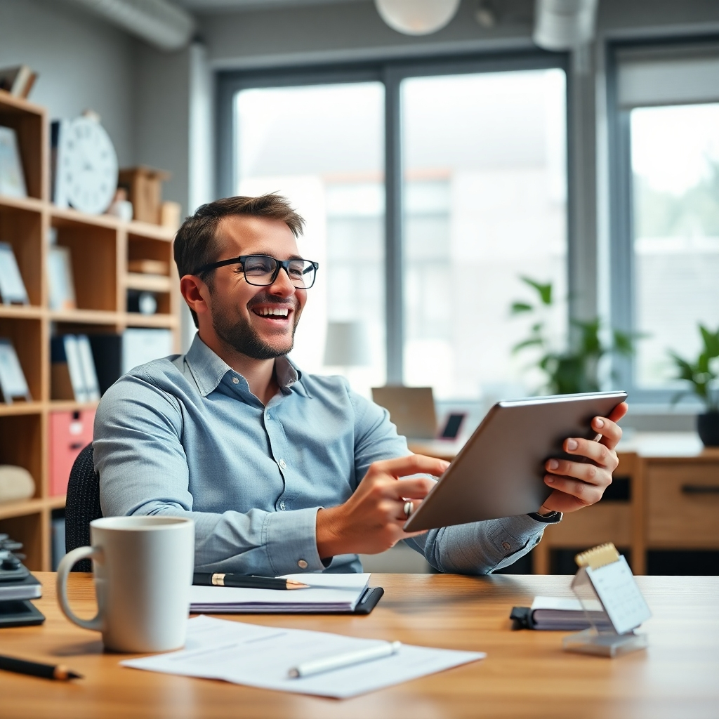 A photorealistic image depicting a busy entrepreneur happily reviewing automated invoices on a tablet. Show a clutter-free workspace with elements like a coffee cup and calendar, symbolizing time-saving, alongside dynamic representations of data accuracy.