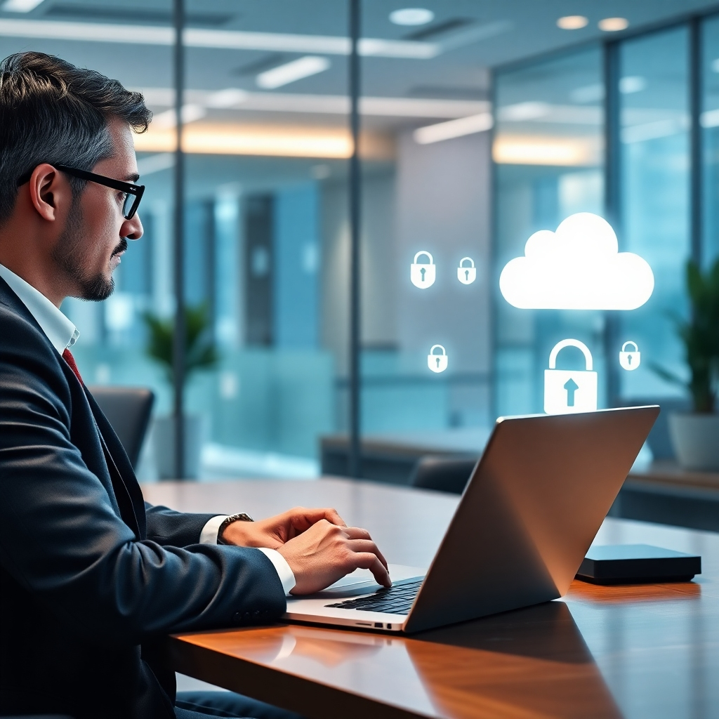 A photorealistic image of a modern office environment with a business professional working on a laptop, focused on cloud-based billing software. Include visual elements that represent data security and accessibility, like floating cloud icons and digital security symbols.