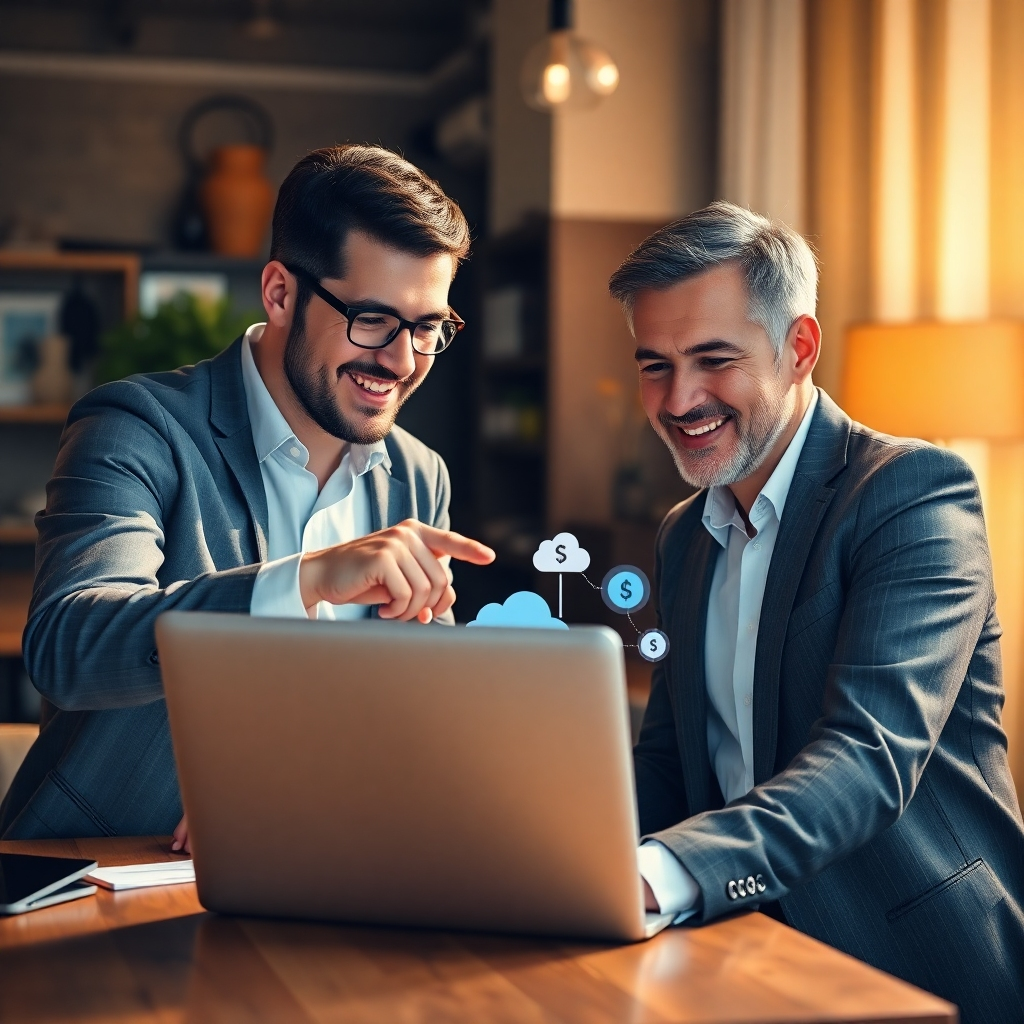 A photorealistic image showing a friendly business consultant interacting with a small business owner, pointing at a laptop screen. The setting should be warm and inviting, with graphics of cloud technology and billing processes in the background.