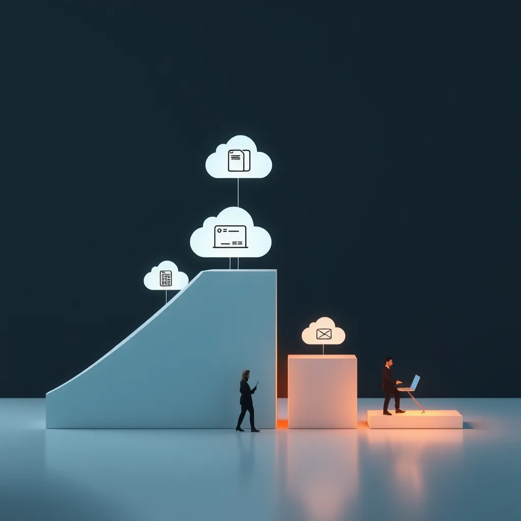 A visual representation of a growing business, featuring a chart that ascends with multiple cloud icons labeled as different tools. Show a small business evolving into a larger company, with employees and technology adapting to new challenges.
