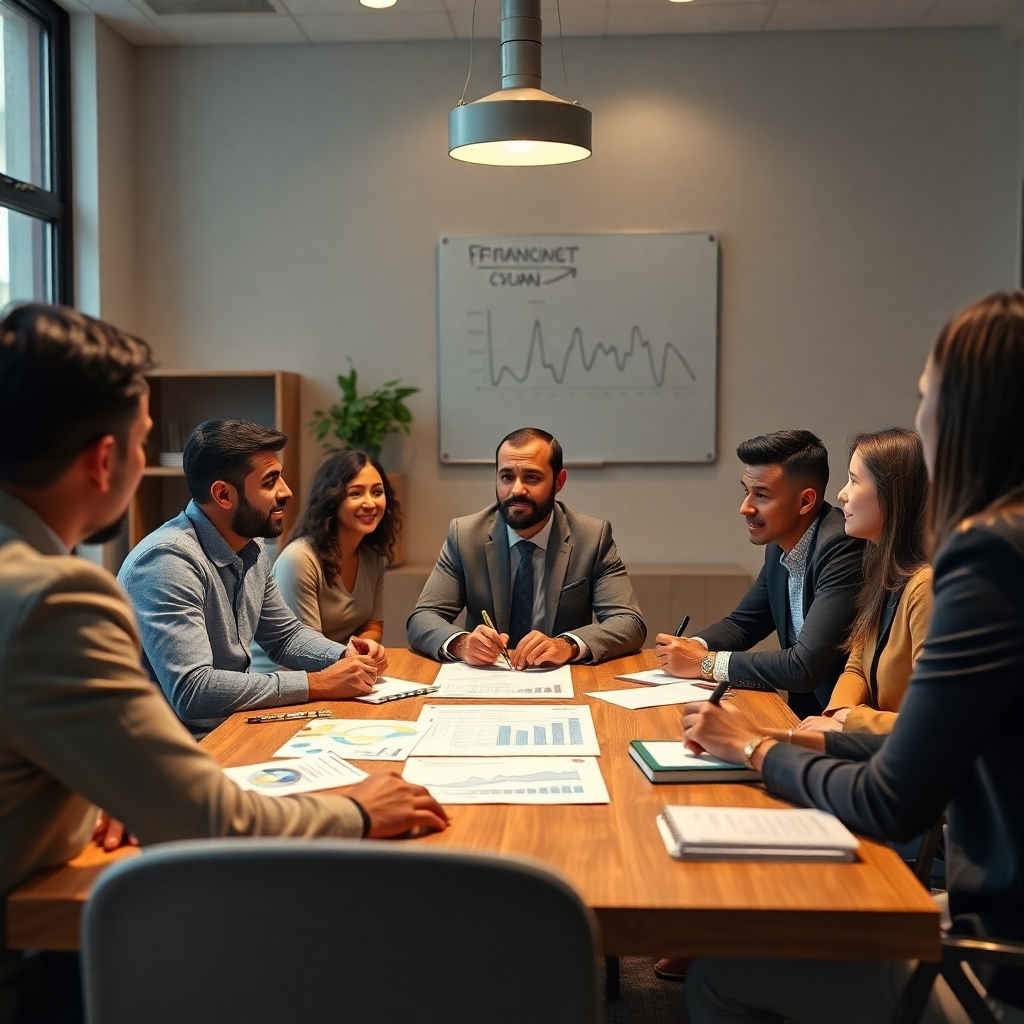 A warm and welcoming meeting room where a professional consultant is discussing financial strategies with a small group of diverse entrepreneurs. There are charts and notebooks on the table, visually representing collaboration and personalized advice.