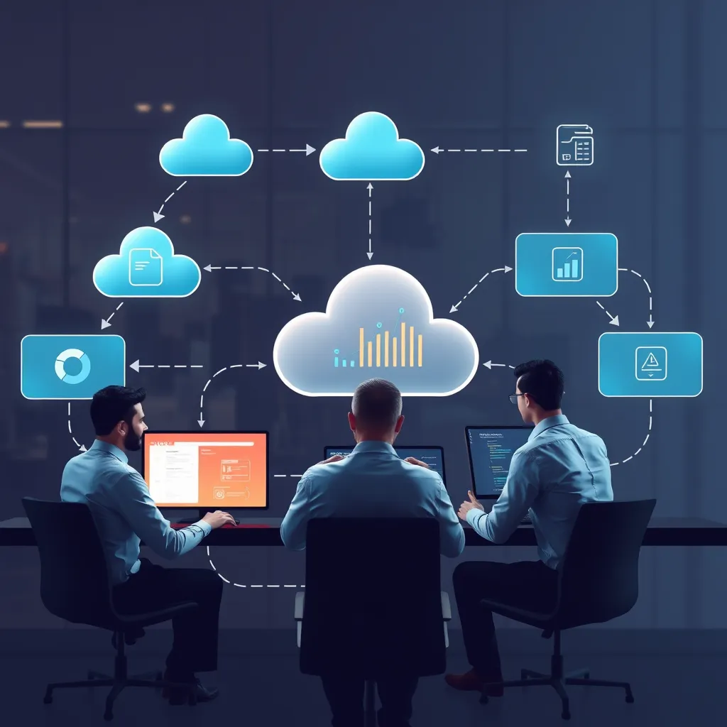An illustration of an efficient workflow chart in a digital format, with arrows and connections between various cloud tools. Include professionals collaborating via screens and discussing data analytics, representing seamless communication and operational efficiency.