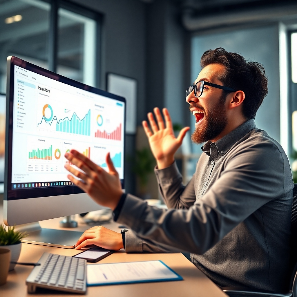 An office setting with an excited entrepreneur looking at a computer screen displaying a clean, automated invoicing process. There are charts and graphs that depict accuracy and efficiency. The atmosphere should be dynamic and optimistic.