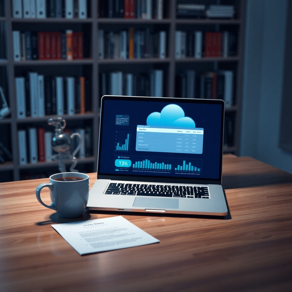 Create a photorealistic, ultra-high quality image showcasing a modern cloud billing system interface on a sleek laptop placed on a minimalist desk. The scene is illuminated with soft diffused lighting, creating a calm and professional atmosphere. The color palette features cool blues and whites to evoke a sense of technology and reliability. The camera angle is slightly elevated, capturing a top-down view that includes the laptop and some papers casually arranged on the desk, emphasizing a work setting. The texture of the desk is polished wood, and the background includes a blurred bookshelf filled with business and technology books, adding context. Include a steaming cup of coffee next to the laptop for an inviting touch. Style references include contemporary corporate aesthetics, and the image should be rendered in 8K resolution, hyperrealistic, and ultra-detailed to ensure every element is clear and vibrant.