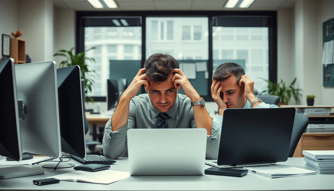 A modern office showing a diverse group of entrepreneurs working efficiently with laptops, surrounded by digital cloud icons and graphs indicating savings and resource management, with a bright and productive atmosphere.