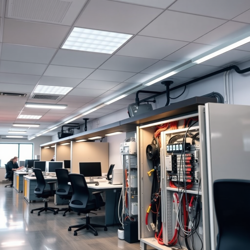 A bustling office space with bright, efficient lighting and a clean, organized electrical panel. Showcasing the reliability and professionalism of Ex-cel Electric's commercial services. Focus on clean lines and a sense of productivity. 4K resolution.