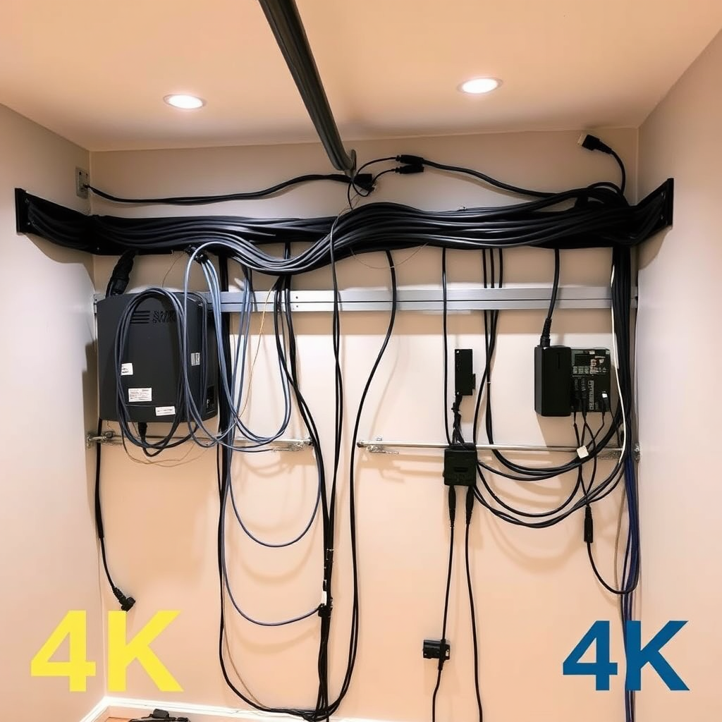 A clean and organized residential wiring installation, showcasing neat cable management and proper connections. Emphasize safety and attention to detail. Focus on a modern and well-lit environment. 4K resolution.
