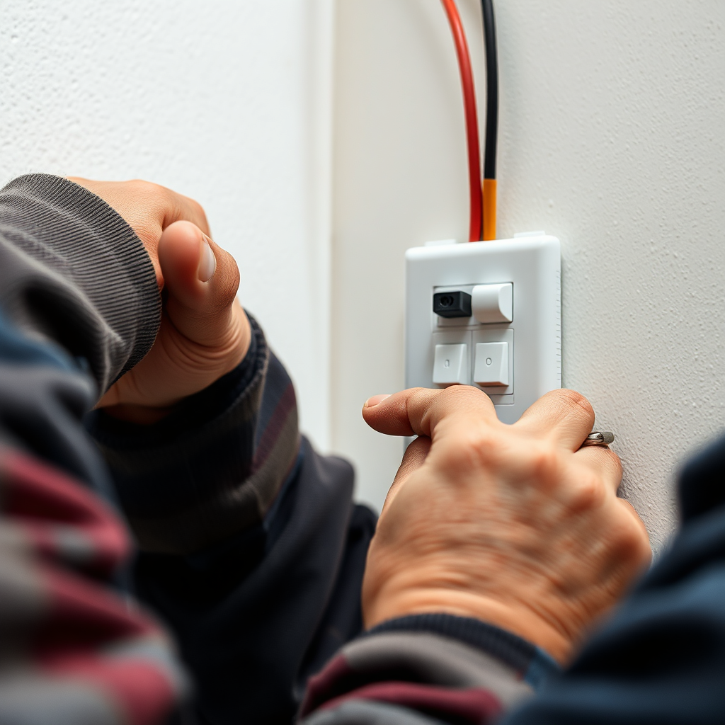 A close-up shot of a skilled electrician carefully repairing a light switch. Focus on the precision and attention to detail. Highlight the importance of even small electrical tasks. 4K resolution.