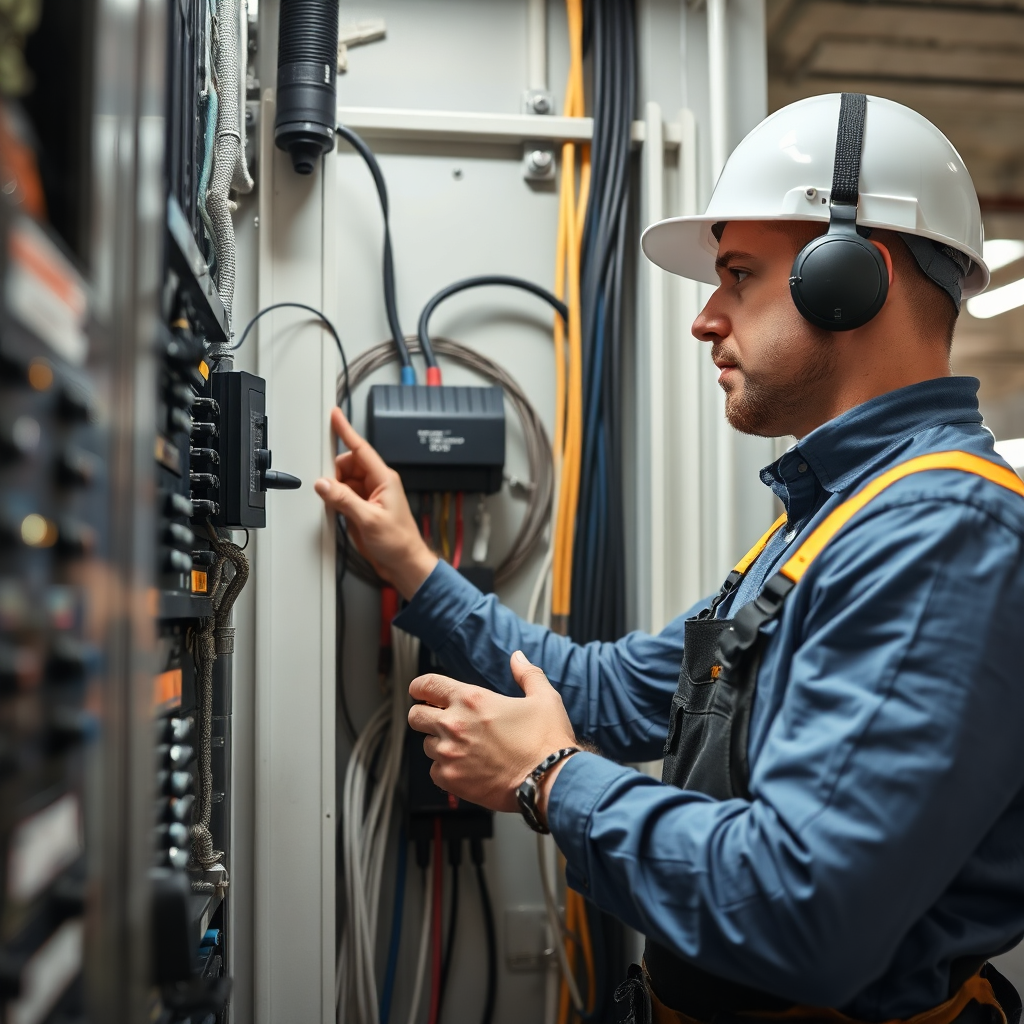 A commercial electrician working on a complex electrical panel in a business setting. Showcasing expertise and professionalism. Focus on a clean and organized workspace. 4K resolution.