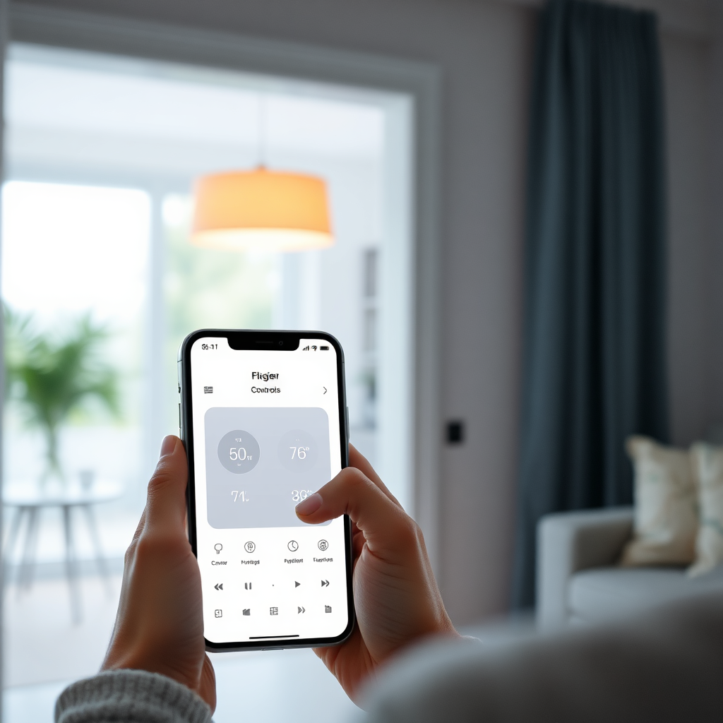A person using a smartphone to control the lighting and temperature in their home. Showcasing the convenience and energy-saving benefits of smart home technology. Focus on a clean and intuitive interface. 4K resolution.
